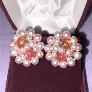 Vintage Pink White and Glitter Gold Beaded Dome Clip-on Earrings Made in Japan